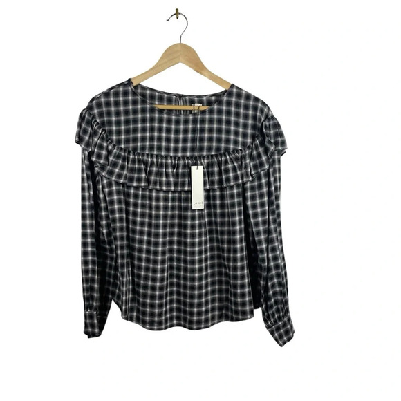 NWT La Vie Rebecca Taylor Plaid Ruffle Blouse in Black/White Size M - Picture 7 of 14
